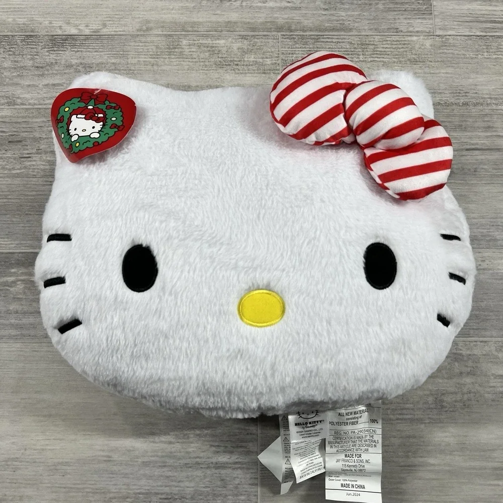 Hello Kitty Christmas Theme With Red & White Striped Bow Plush Ultra Soft Pillow